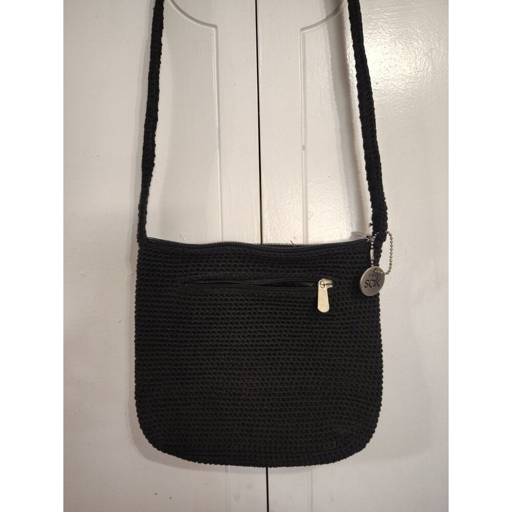 The Sak Black Crochet Shoulder Bag Purse Top Zip Closure Small